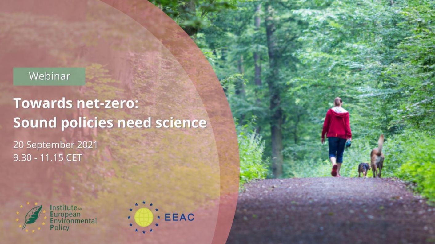 Photo of walker in the woods with title and date of the webinar: Towards net-zero: Sound policies need better science